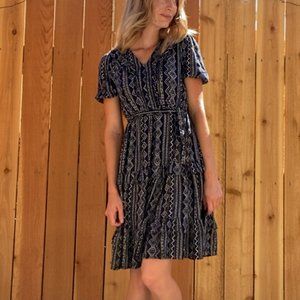 Geometric Navy Blue, White & Gold Mid Length Flowy Ruffle Dress